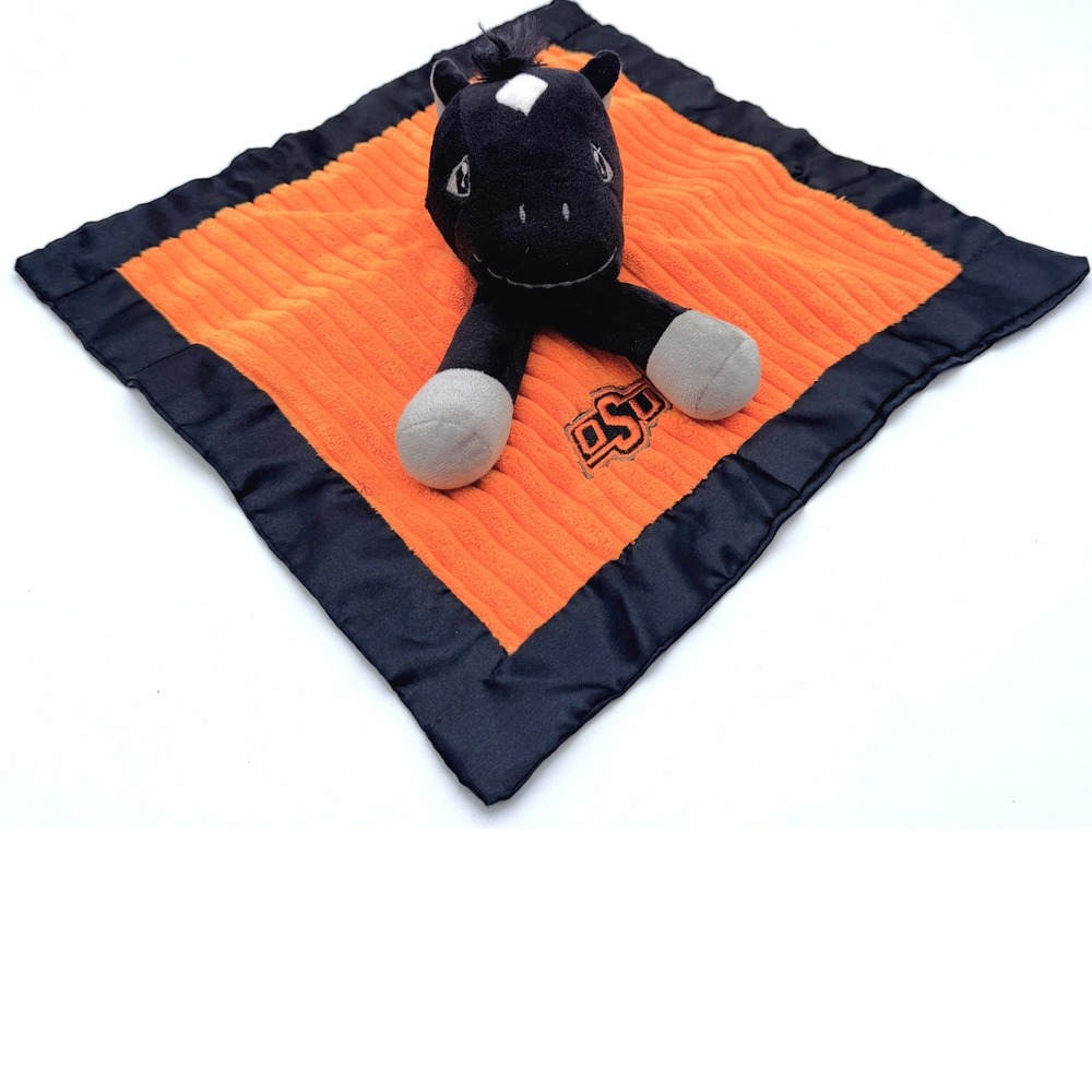 OSU Okla State University Cowboys Horse Lovey Blanket Org/Blk Baby Plush Rattle